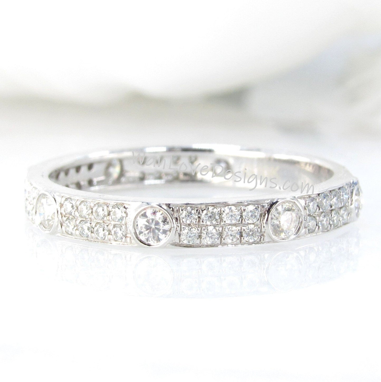 Round 2 Row Moissanite Bezel Set Band | Almost Eternity Wedding Band | Matching Band | Solid Gold Band | Anniversary Gift for Her Wan Love Designs