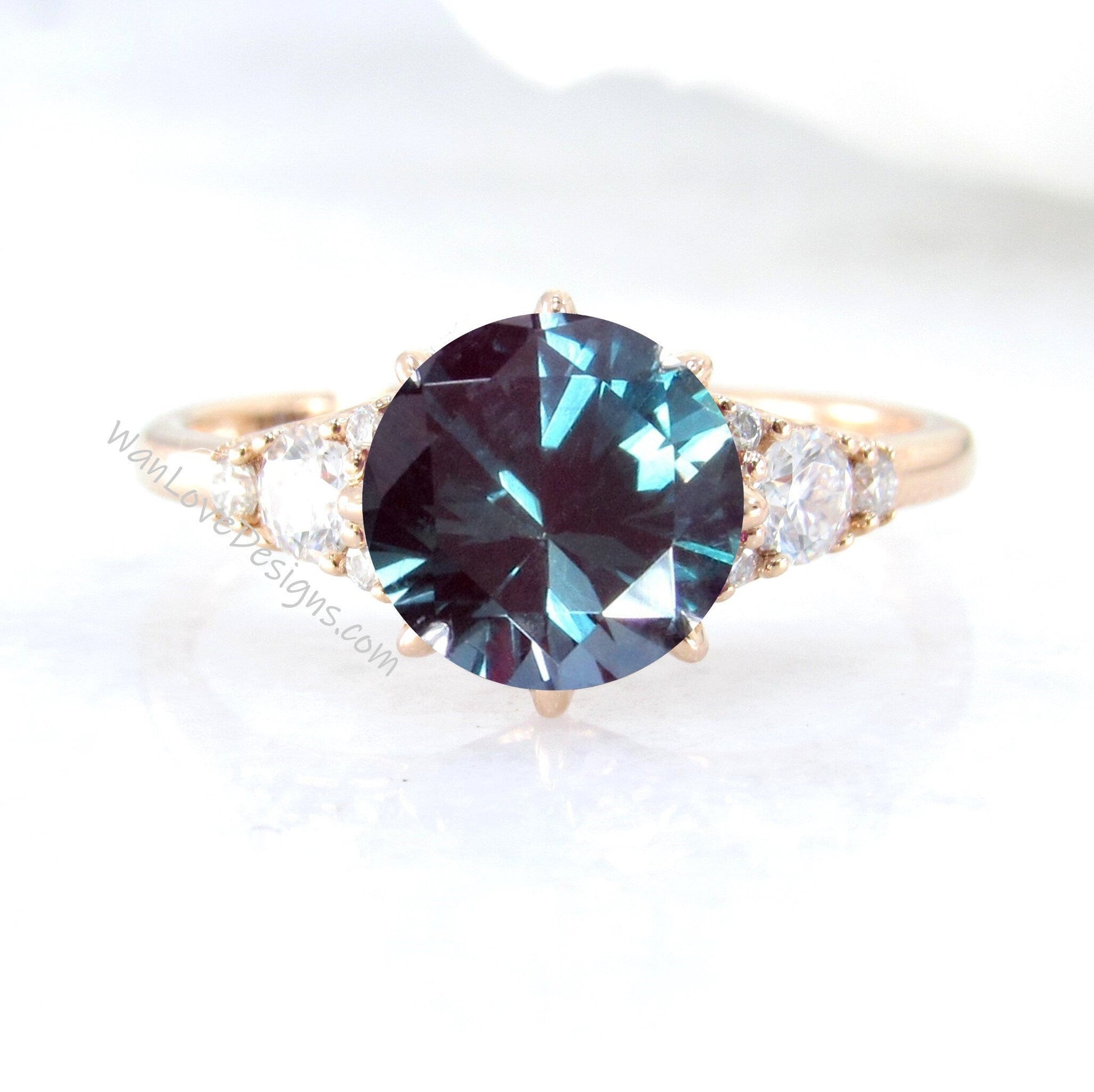 Round Alexandrite engagement ring vintage rose gold Art Deco Cluster engagement ring women 8 prong Moissanite wedding Bridal Anniversary Wan Love Designs