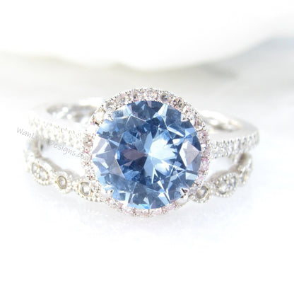 Round Aquamarine Blue Spinel engagement ring set vintage white gold Halo engagement ring half eternity leaf Diamond wedding Bridal gift Wan Love Designs