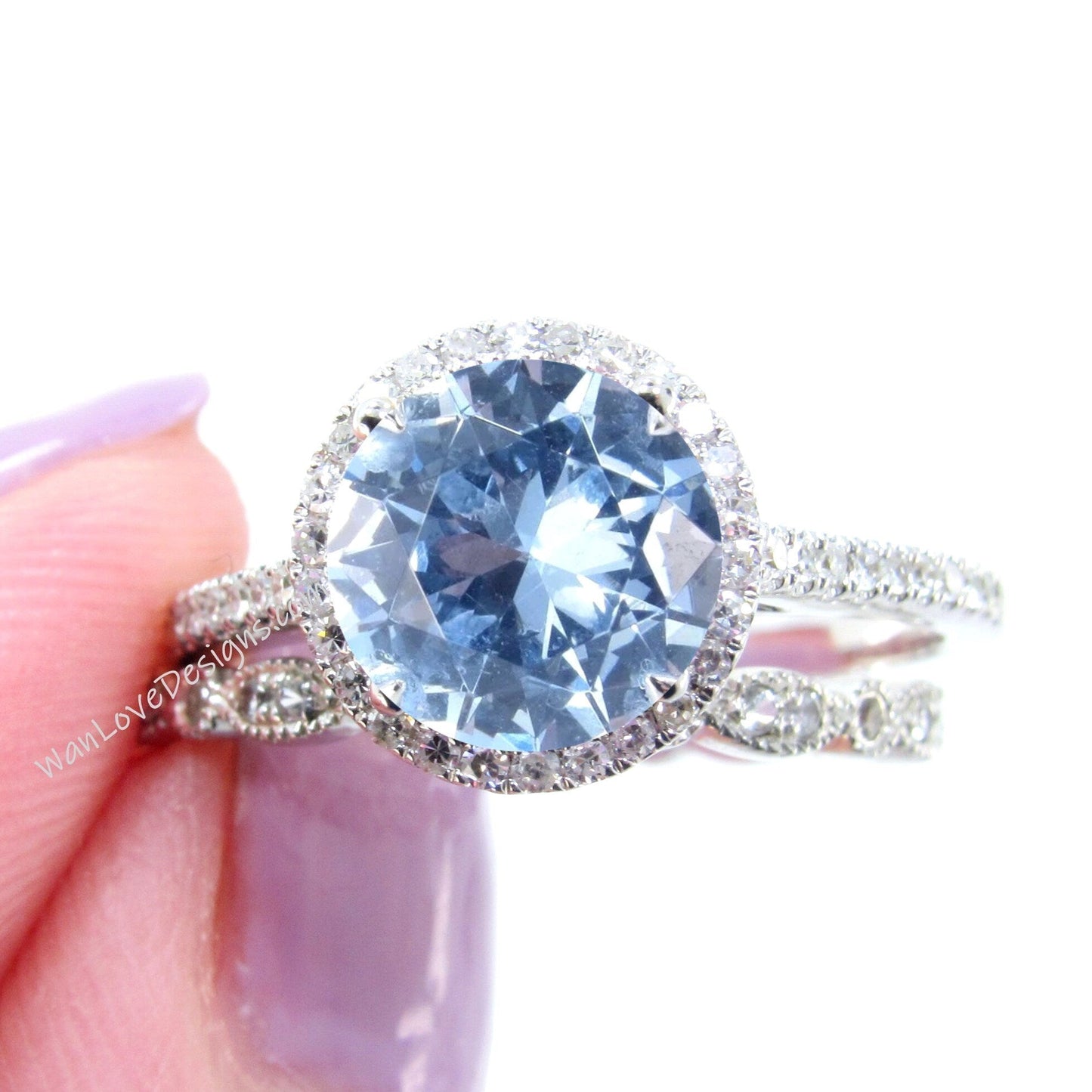 Round Aquamarine Blue Spinel engagement ring set vintage white gold Halo engagement ring half eternity leaf Diamond wedding Bridal gift Wan Love Designs