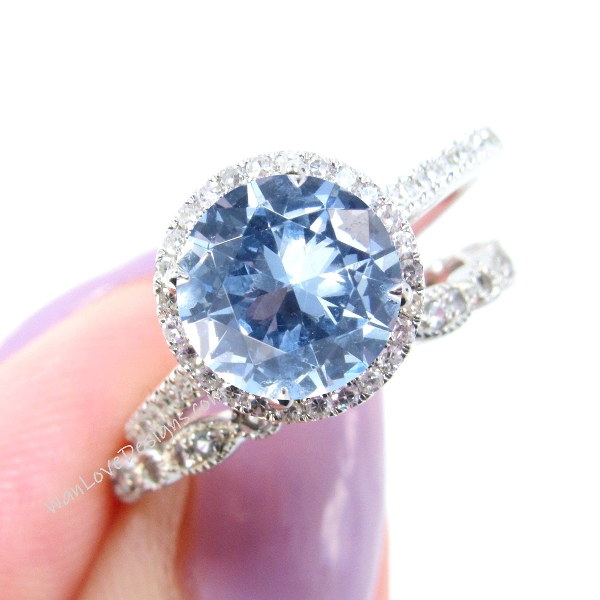 Round Aquamarine Blue Spinel engagement ring set vintage white gold Halo engagement ring half eternity leaf Diamond wedding Bridal gift Wan Love Designs