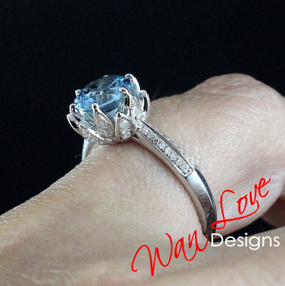 Round Aquamarine Light Blue Spinel engagement set vintage Rose gold Lotus Flower engagement ring woman Diamond wedding set Unique Bridal set Wan Love Designs