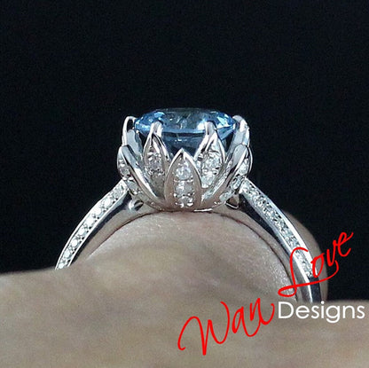 Round Aquamarine Light Blue Spinel engagement set vintage Rose gold Lotus Flower engagement ring woman Diamond wedding set Unique Bridal set Wan Love Designs