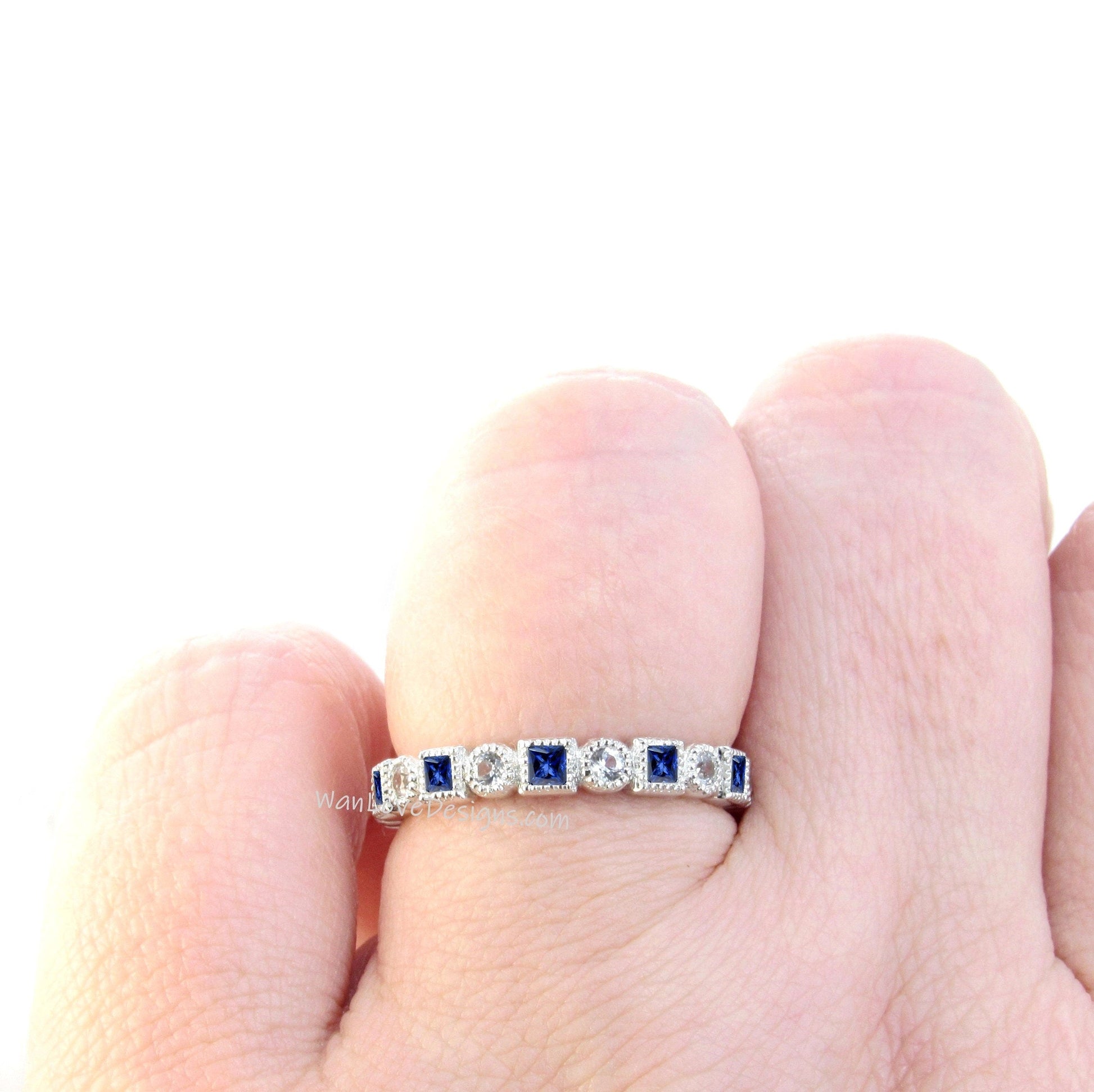Round Baguette Blue Sapphire Diamond WITH ot WITHOUT Milgrain Halfway Half Eternity Stacking Ring, 14kt 18k Rose Gold Band, Bridal Jewelry Wan Love Designs
