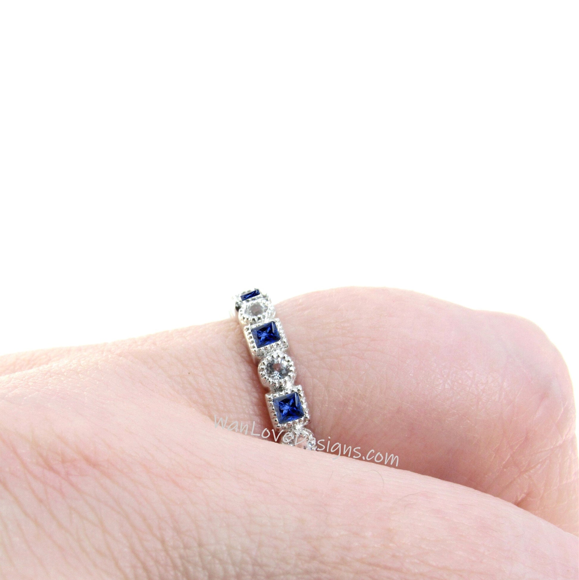 Round Baguette Blue Sapphire Diamond WITH ot WITHOUT Milgrain Halfway Half Eternity Stacking Ring, 14kt 18k Rose Gold Band, Bridal Jewelry Wan Love Designs