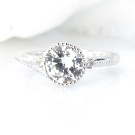 Round Bezel vintage engagement ring White Sapphire ring white gold ring art deco ring milgrain bezel ring anniversary ring Ready to Ship Wan Love Designs