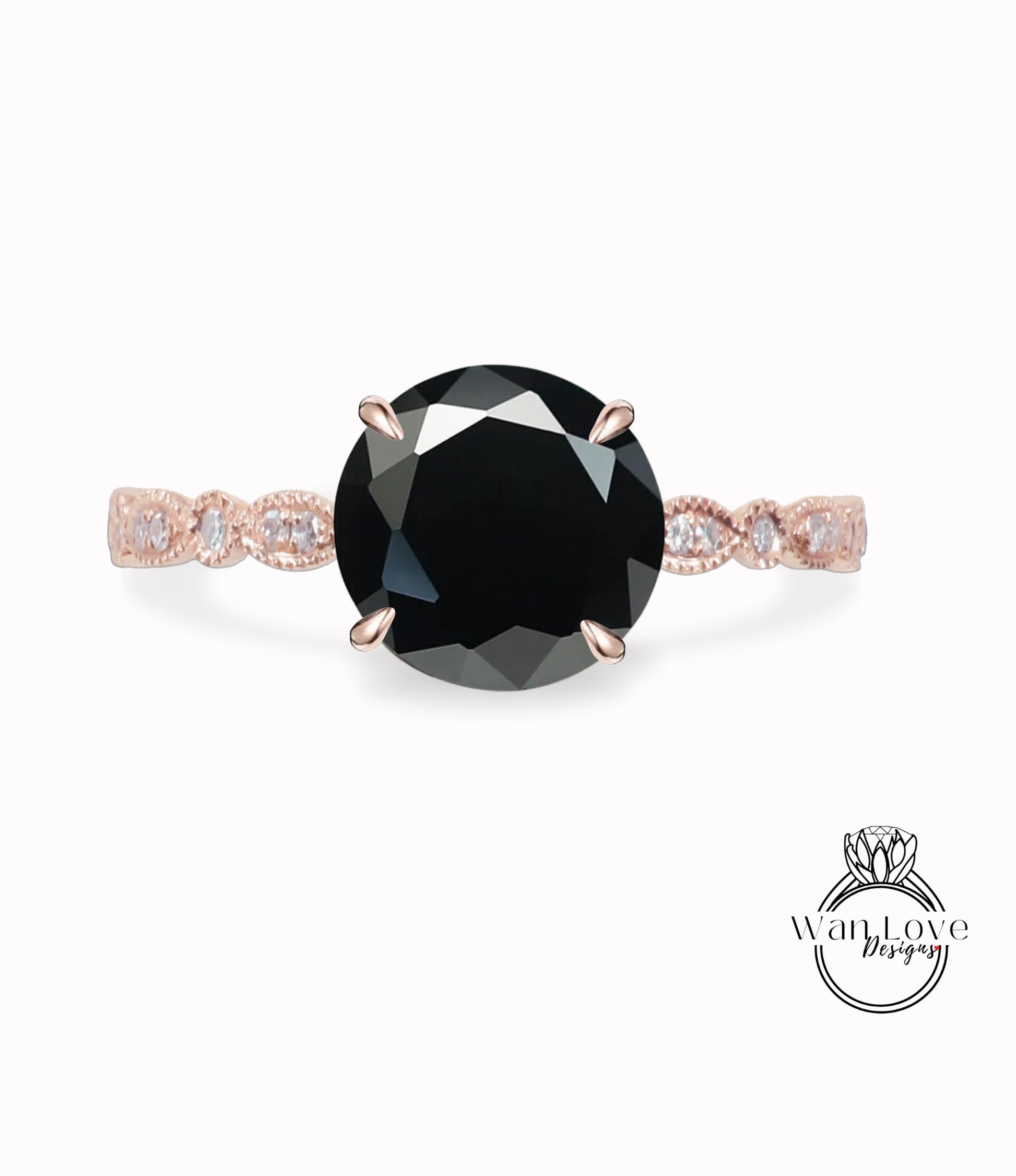Round Black Spinel Ring Vintage Solid 14K Rose Gold Engagement Ring scalloped Diamond Wedding Ring Art Deco milgrain Promise Ring for Women Wan Love Designs