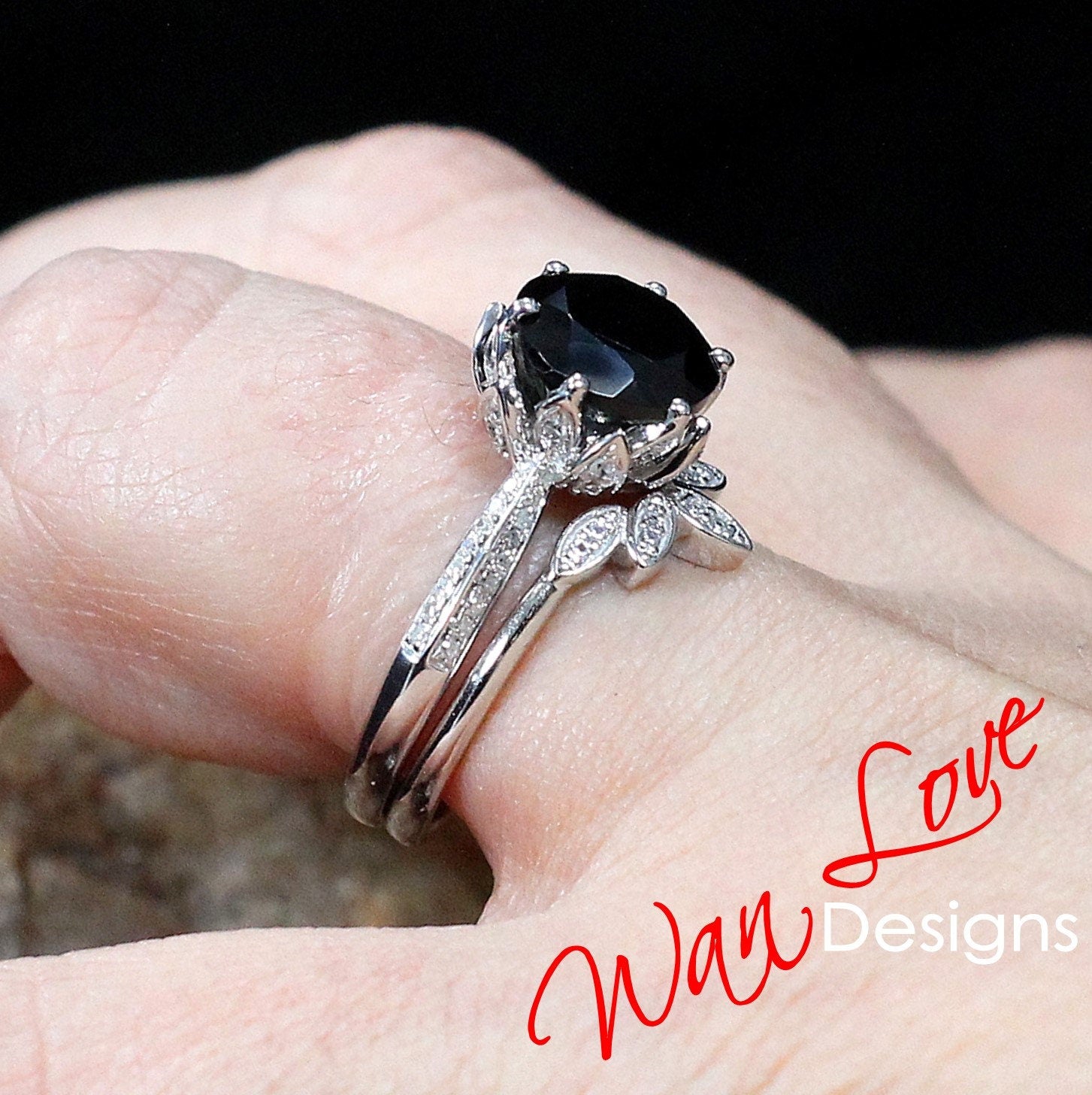 Round Black Spinel engagement set vintage White gold Lotus Flower engagement ring woman Diamond wedding set Unique Bridal Anniversary set Wan Love Designs