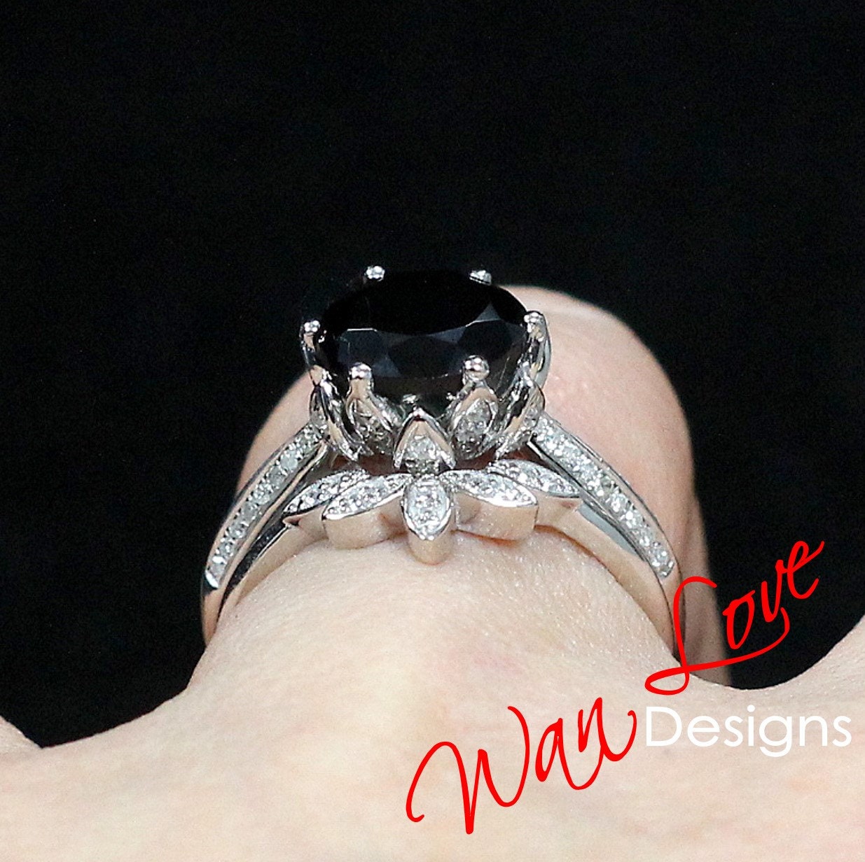 Round Black Spinel engagement set vintage White gold Lotus Flower engagement ring woman Diamond wedding set Unique Bridal Anniversary set Wan Love Designs