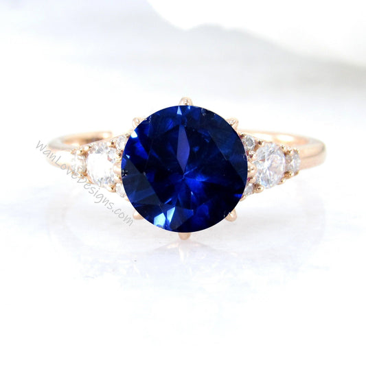 Round Blue Sapphire engagement ring vintage rose gold Art Deco Cluster engagement ring women 8 prong Moissanite wedding Bridal Anniversary Wan Love Designs