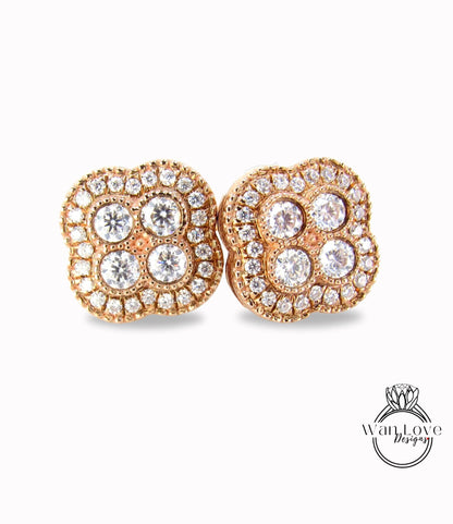 Round Cut Quatrefoil Halo Earrings, Rose Gold Earrings, Bridal Earrings, Wedding Jewelry, Moissanite Studs, Anniversary Gift, Ready to Ship Wan Love Designs