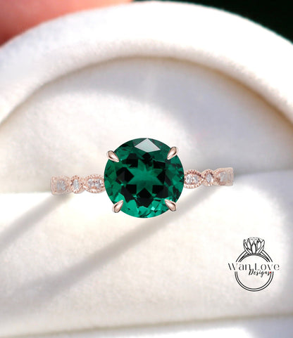 Round Emerald Diamonds Celtic Love Knot Triquetra Wedding Band Engagement Ring, celtic engagement ring Unique Bridal solid gold ring gift Wan Love Designs