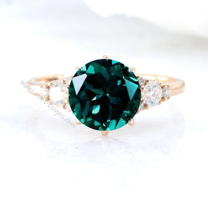 Round Emerald engagement ring vintage rose gold Art Deco Cluster engagement ring women 8 prong Moissanite wedding Bridal Anniversary Gift Wan Love Designs