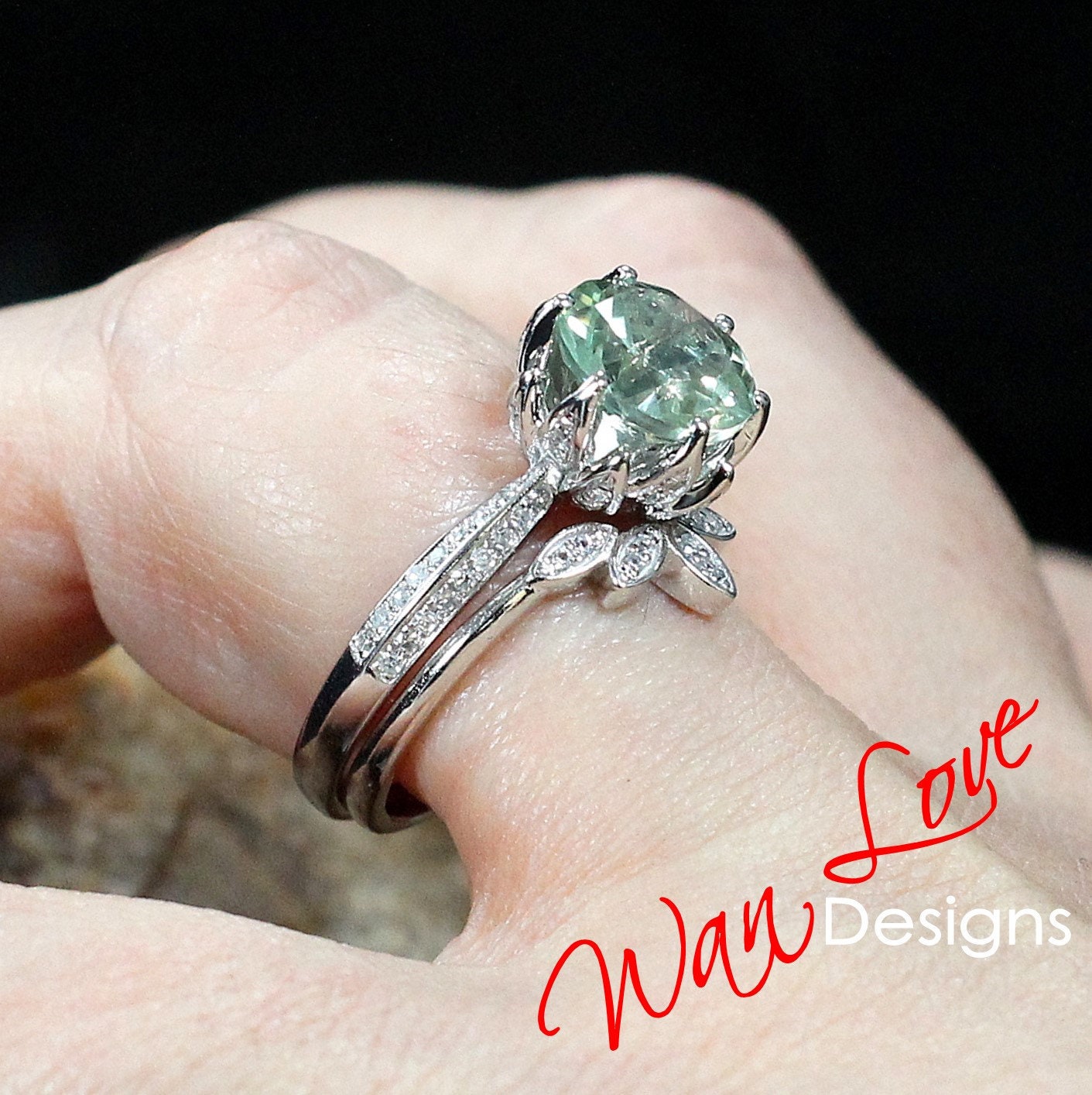 Round Green Amethyst engagement set vintage White gold Lotus Flower engagement ring woman Diamond wedding set Unique Bridal Anniversary set Wan Love Designs