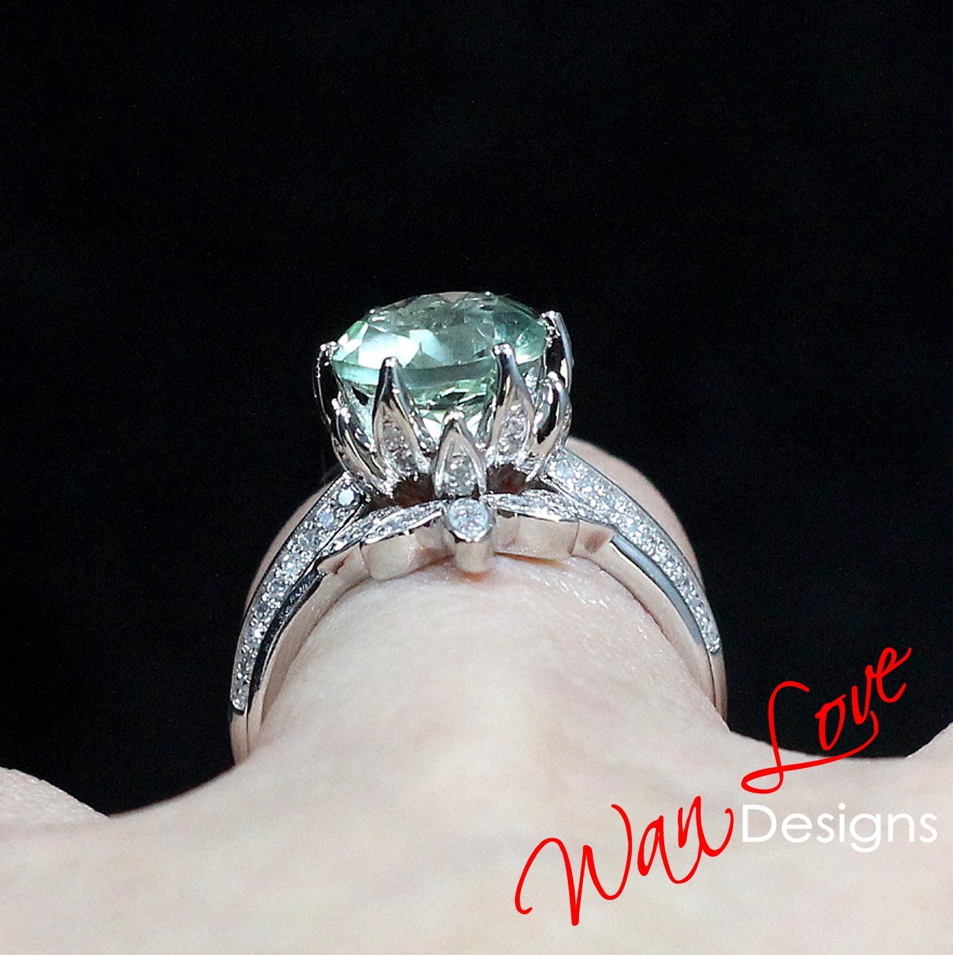 Round Green Amethyst engagement set vintage White gold Lotus Flower engagement ring woman Diamond wedding set Unique Bridal Anniversary set Wan Love Designs