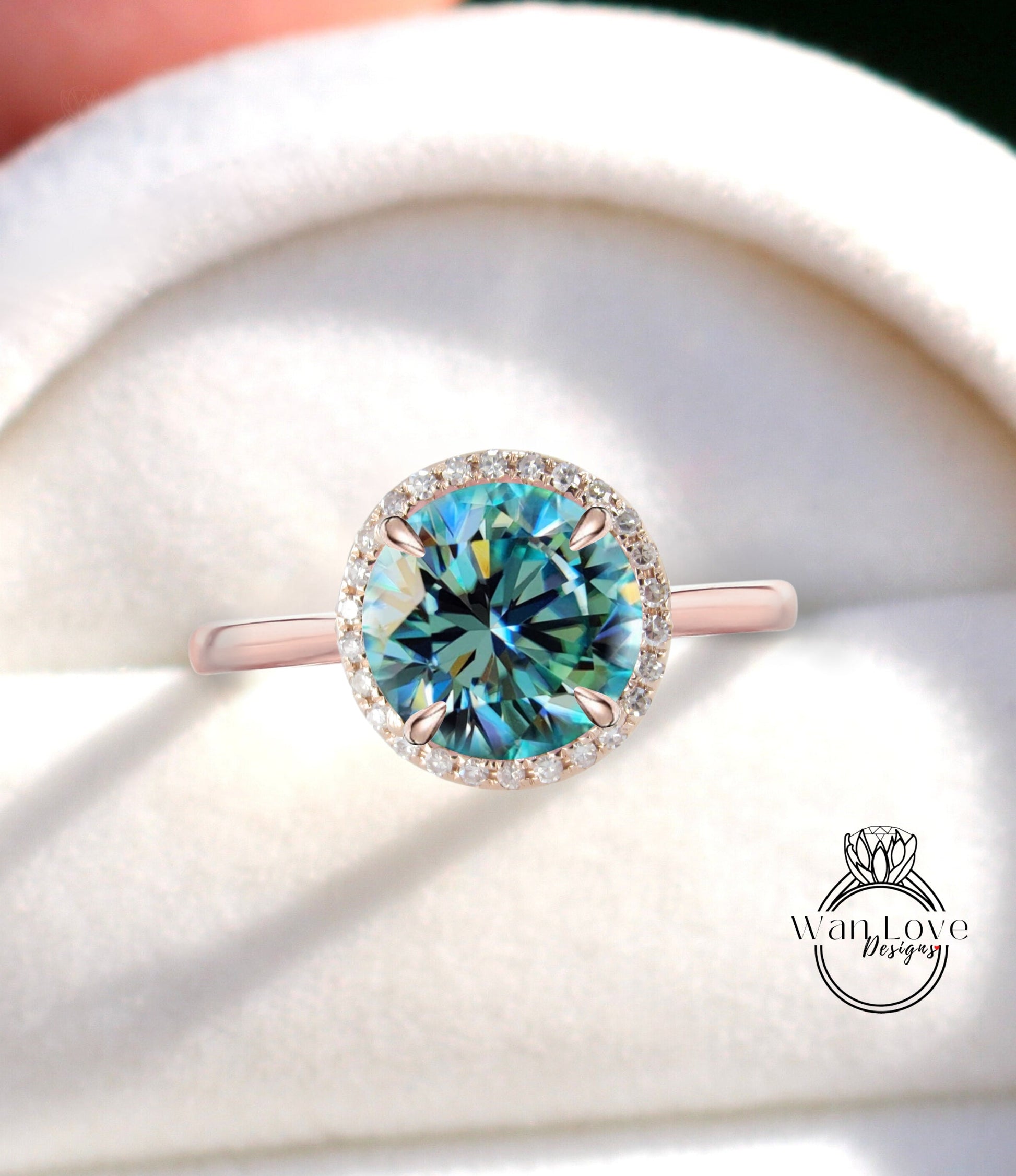 Round Halo Blue Moissanite & Diamond Round cut Engagement Ring tapered plain band Art Deco gold vintage Ring antique wedding bridal promise ring Wan Love Designs