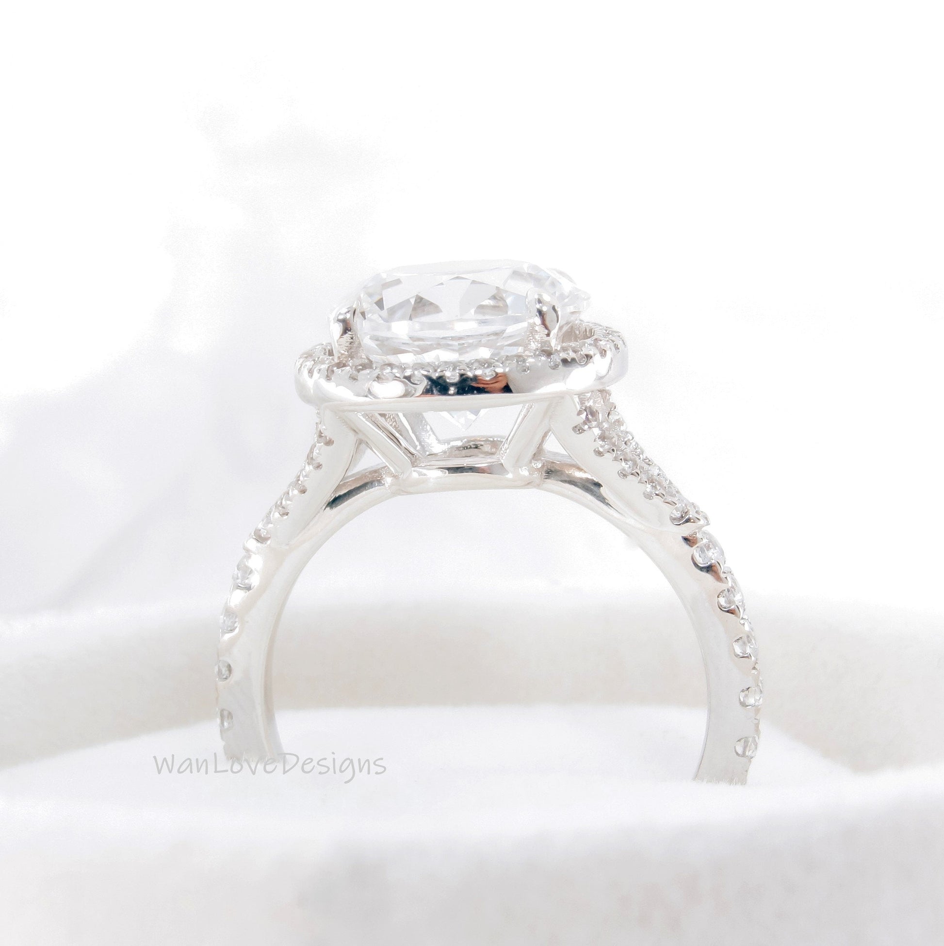 Round Halo Gray Moissanite & Diamond Ring art deco Split Shank Engagement Ring unique vintage white gold ring wedding bridal promise ring Wan Love Designs
