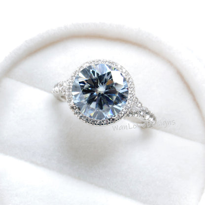 Round Halo Gray Moissanite & Diamond Ring art deco Split Shank Engagement Ring unique vintage white gold ring wedding bridal promise ring Wan Love Designs