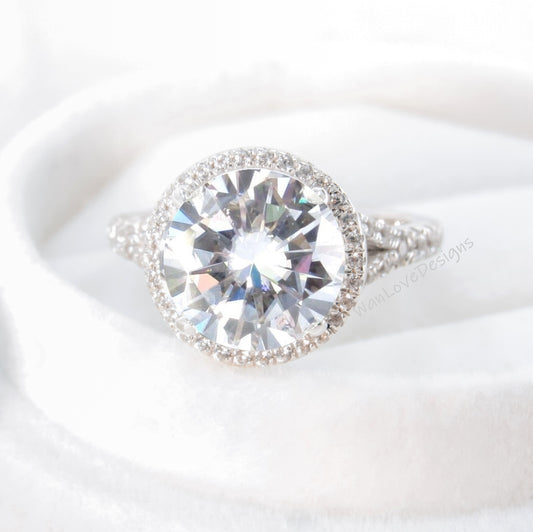 Round Halo Moissanite & Diamond Ring art deco Split Shank Engagement Ring unique vintage white gold ring wedding bridal promise ring Wan Love Designs