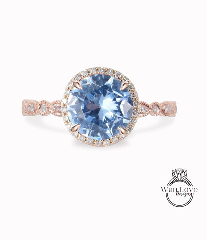 Round Halo Spinel Ring, Aquamarine Blue Spinel & Diamond Scalloped Engagement Ring, Milgrain Vintage Blue Spinel Bridal Ring, Custom Wan Love Designs