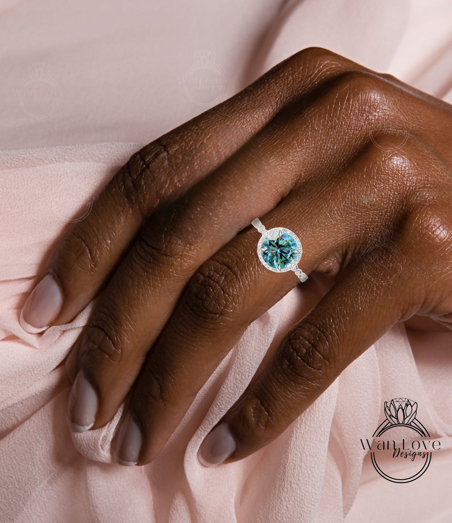 Round Halo Teal Blue Green Moissanite Engagement Ring, Diamond/Moissanite Halo Wedding Ring, Scalloped Leaf Diamond Milgrain Shank Band Custom Ring, 14k/18k Gold Wan Love Designs