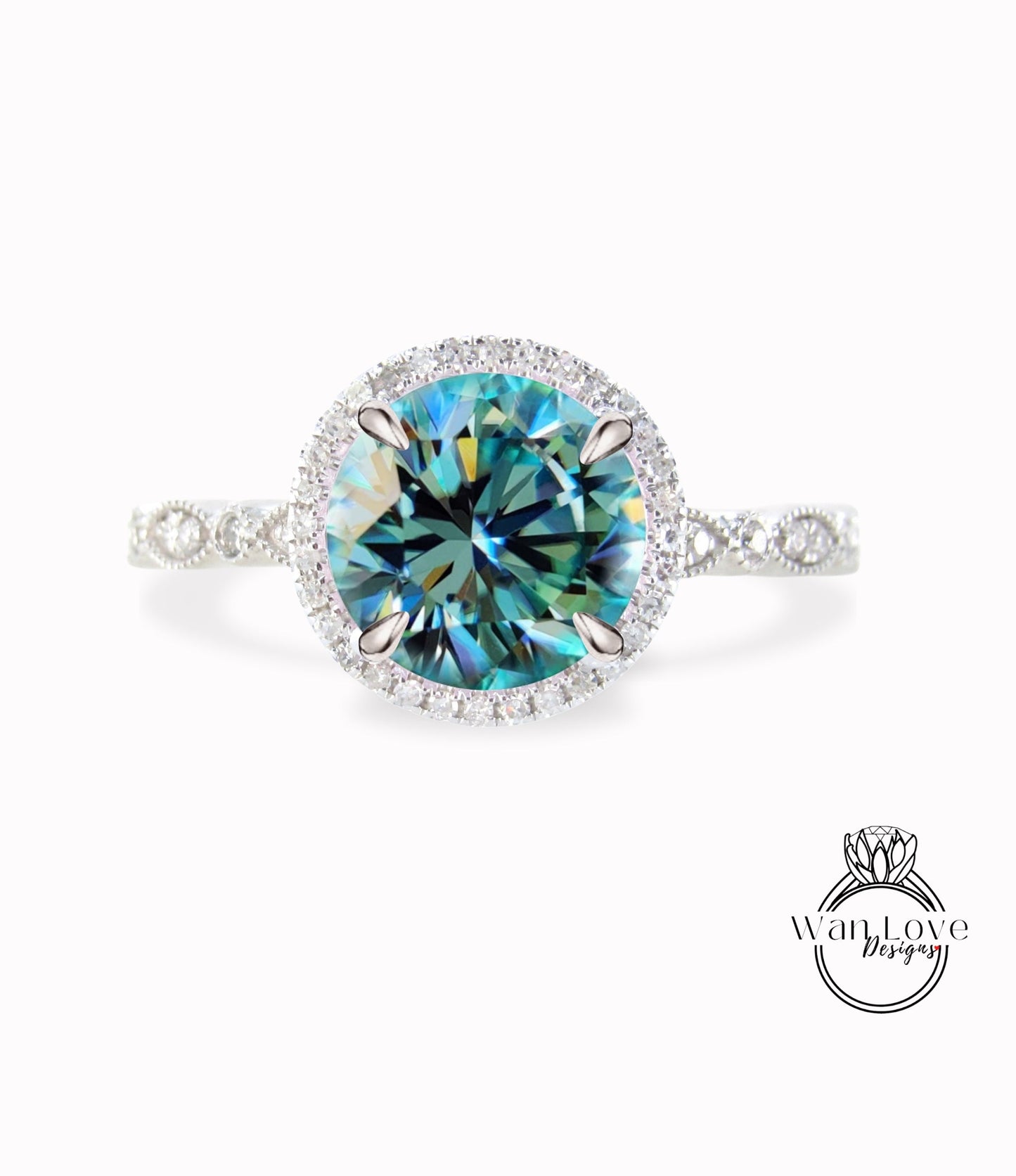 Round Halo Teal Blue Green Moissanite Engagement Ring, Diamond/Moissanite Halo Wedding Ring, Scalloped Leaf Diamond Milgrain Shank Band Custom Ring, 14k/18k Gold Wan Love Designs