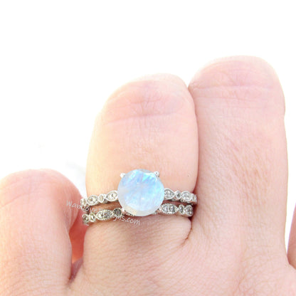 Round Moonstone Diamonds WITH Milgrain Wedding Set Rings Rings, 14kt Solid Rose Gold, WanLoveDesigns Wan Love Designs