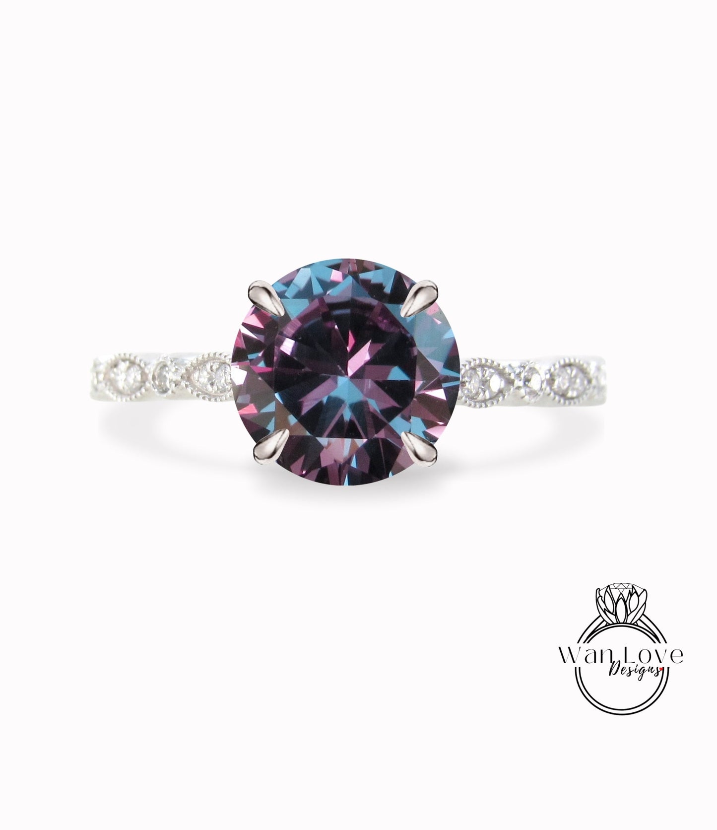 Round Purple Alexandrite Sapphire Ring Vintage Solid Rose Gold Engagement Ring scalloped Diamond Wedding Ring Art Deco milgrain Promise Ring Wan Love Designs