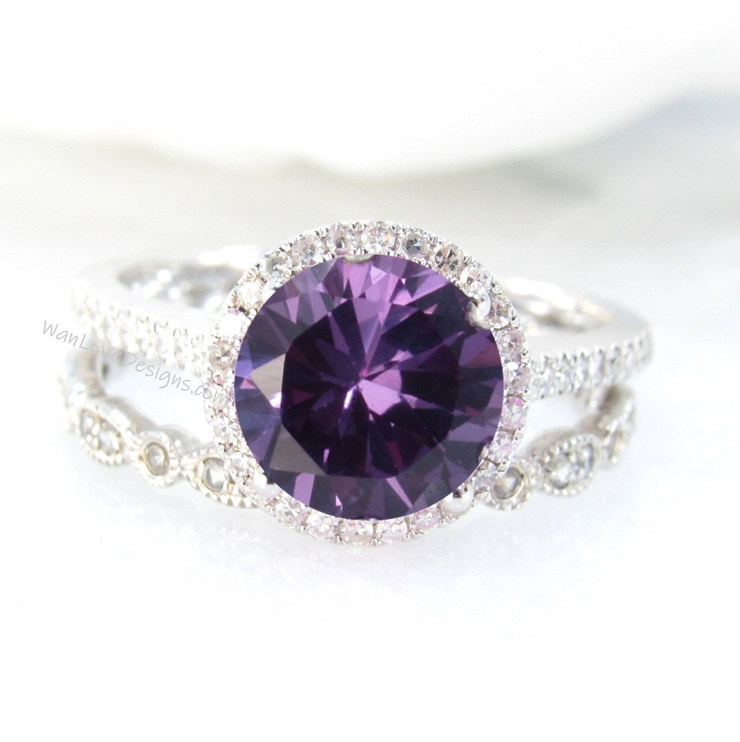 Round Purple Sapphire Alexandrite engagement ring set vintage white gold Halo engagement ring half eternity leaf Diamond wedding Bridal gift Wan Love Designs