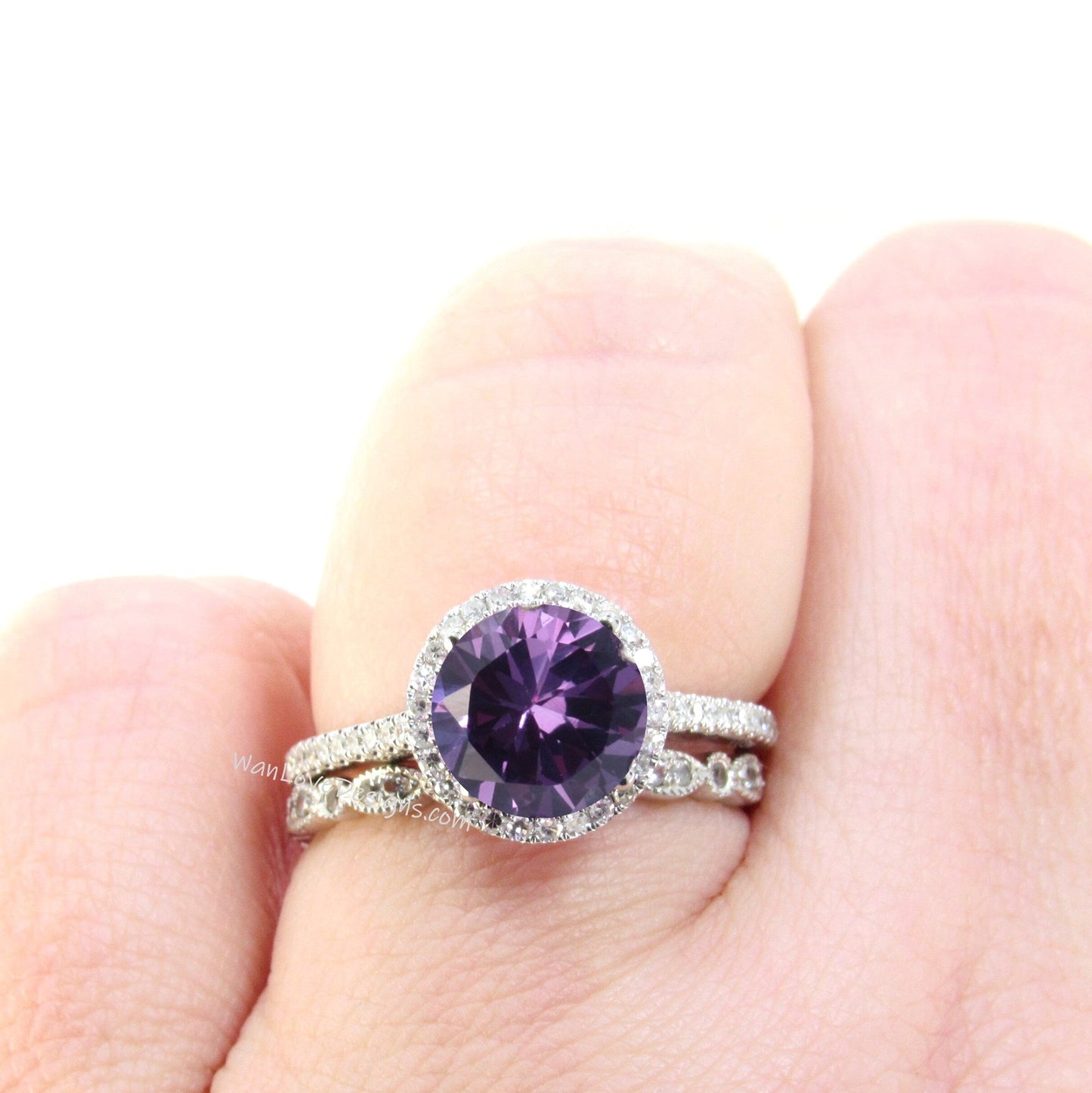 Round Purple Sapphire Alexandrite engagement ring set vintage white gold Halo engagement ring half eternity leaf Diamond wedding Bridal gift Wan Love Designs