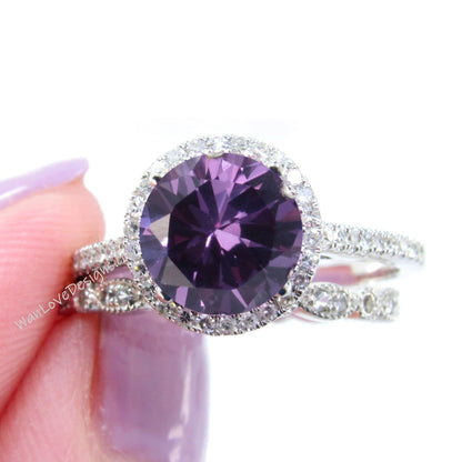 Round Purple Sapphire Alexandrite engagement ring set vintage white gold Halo engagement ring half eternity leaf Diamond wedding Bridal gift Wan Love Designs