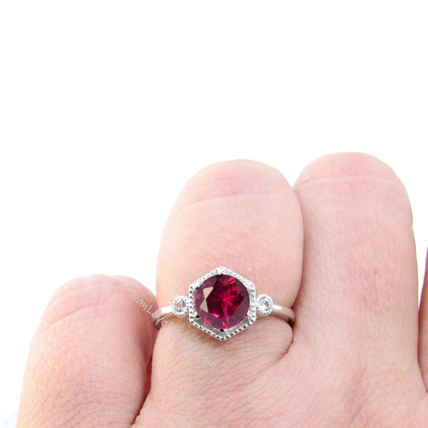 Round Ruby Ring, Hexagon Ruby Engagement Ring, Red Engagement Ring, Round Milrgain Bezel Diamond Ring Wan Love Designs