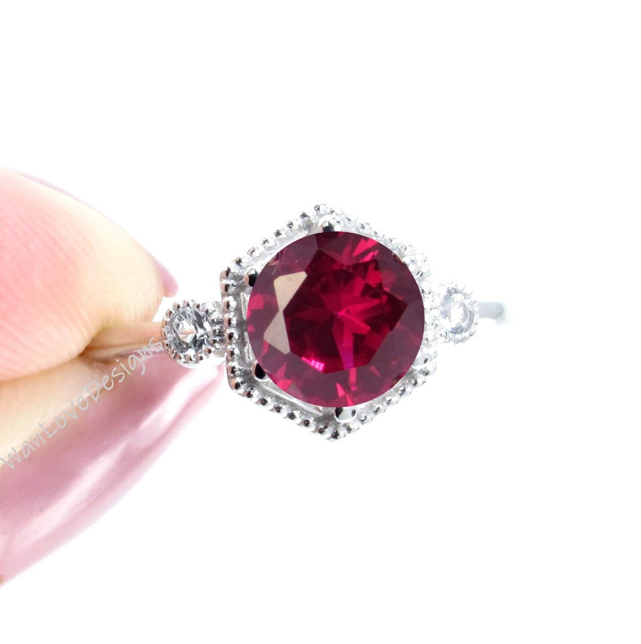 Round Ruby Ring, Hexagon Ruby Engagement Ring, Red Engagement Ring, Round Milrgain Bezel Diamond Ring Wan Love Designs