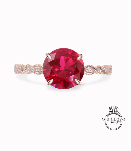 Round Ruby Ring Vintage Solid Rose Gold Engagement Ring scalloped Diamond Wedding Ring Art Deco milgrain Promise Bridal Wedding Ring Wan Love Designs