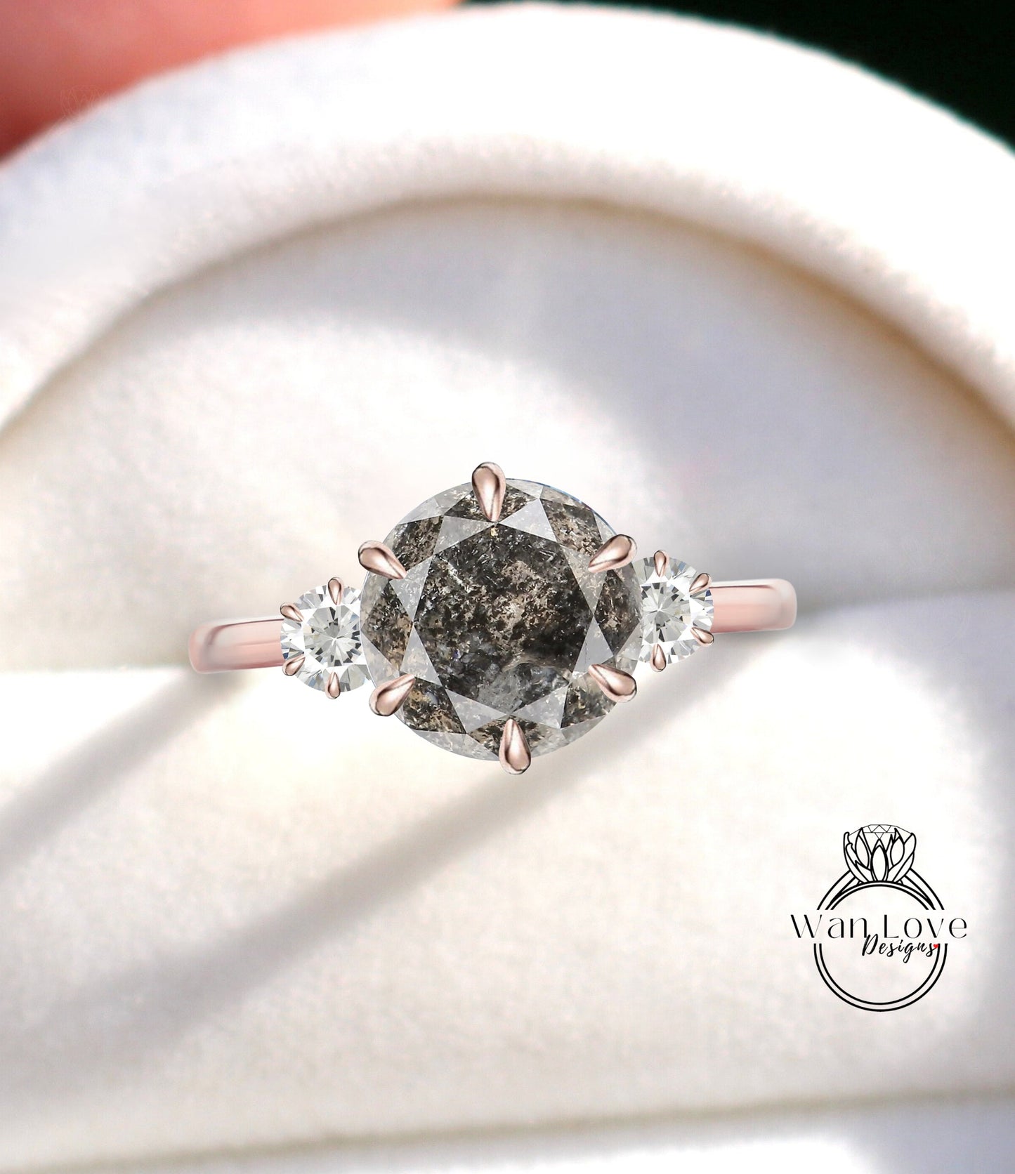 Round Salt Pepper Diamond Engagement Ring, Three Stone Diamond Ring, Grey Diamond ring, Ethical engagement ring Salt and Pepper diamond ring Wan Love Designs