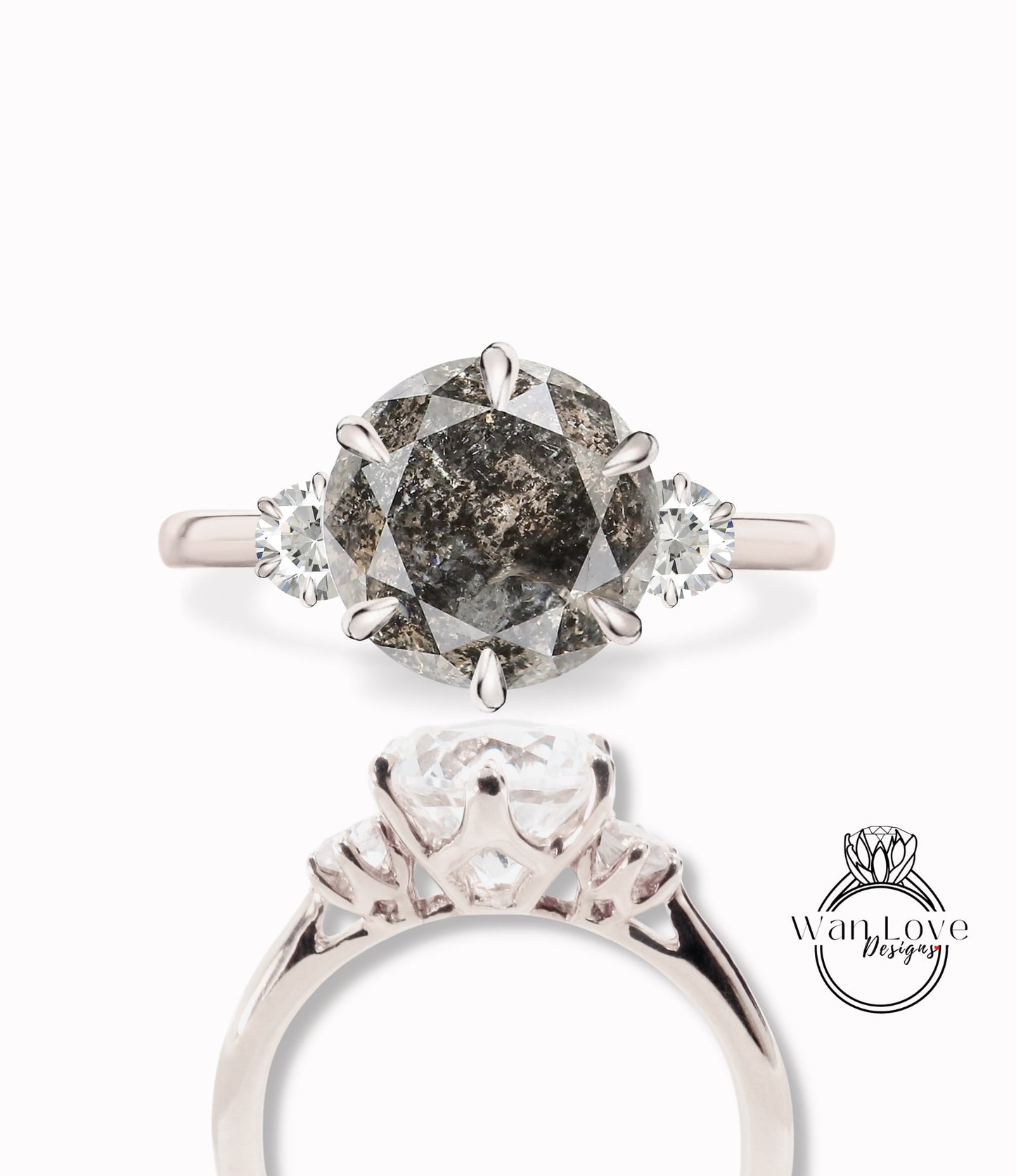 Round Salt Pepper Diamond Engagement Ring, Three Stone Diamond Ring, Grey Diamond ring, Ethical engagement ring Salt and Pepper diamond ring Wan Love Designs
