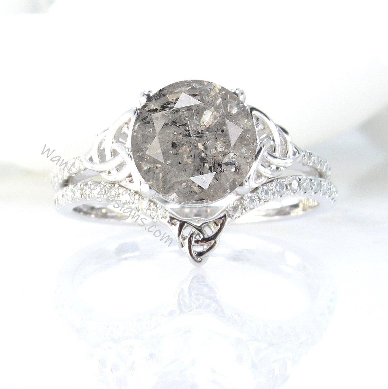 Round Salt & Pepper Diamonds Celtic Love Knot Triquetra Wedding Band Engagement Rings Set, WanLoveDesigns Wan Love Designs