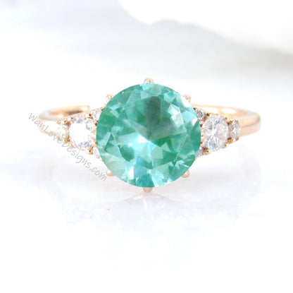 Round Teal Spinel engagement ring vintage rose gold Art Deco Cluster engagement ring women 8 prong Moissanite wedding Bridal Anniversary Wan Love Designs