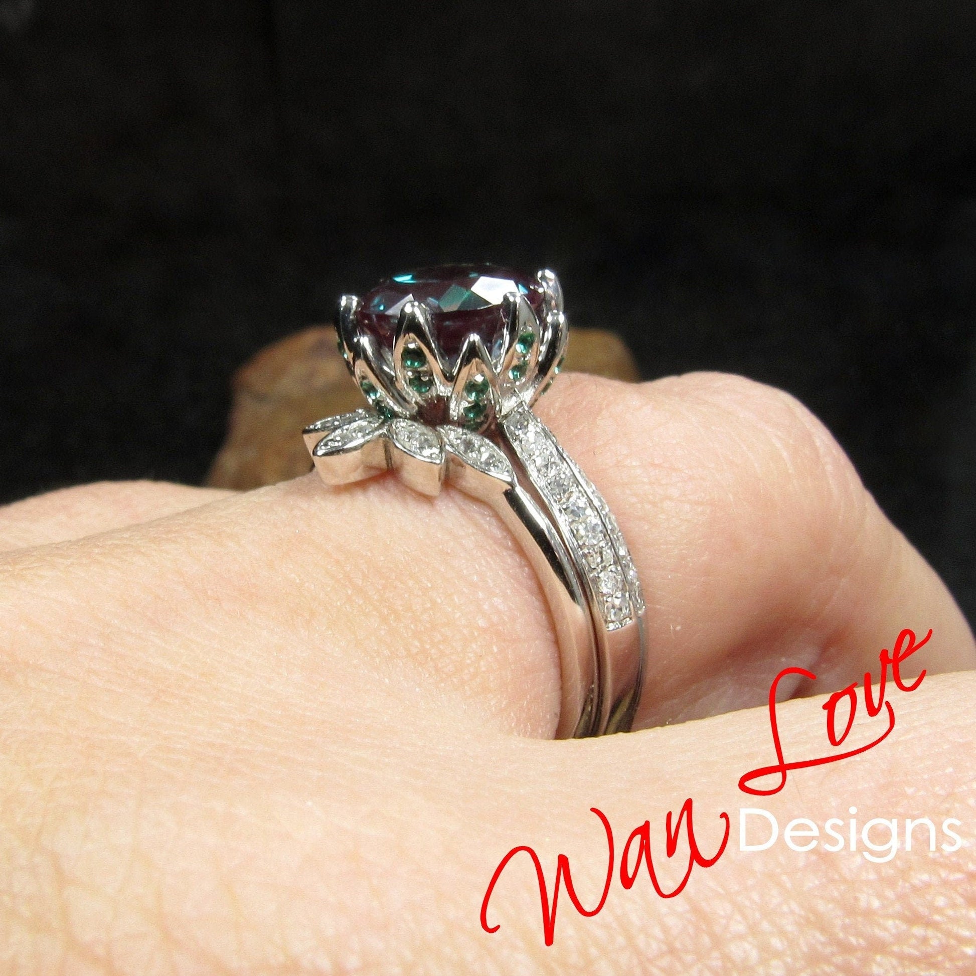 Round cut Alexandrite engagement set vintage Rose gold Lotus Flower engagement ring woman Diamond wedding set Unique Bridal Anniversary set Wan Love Designs