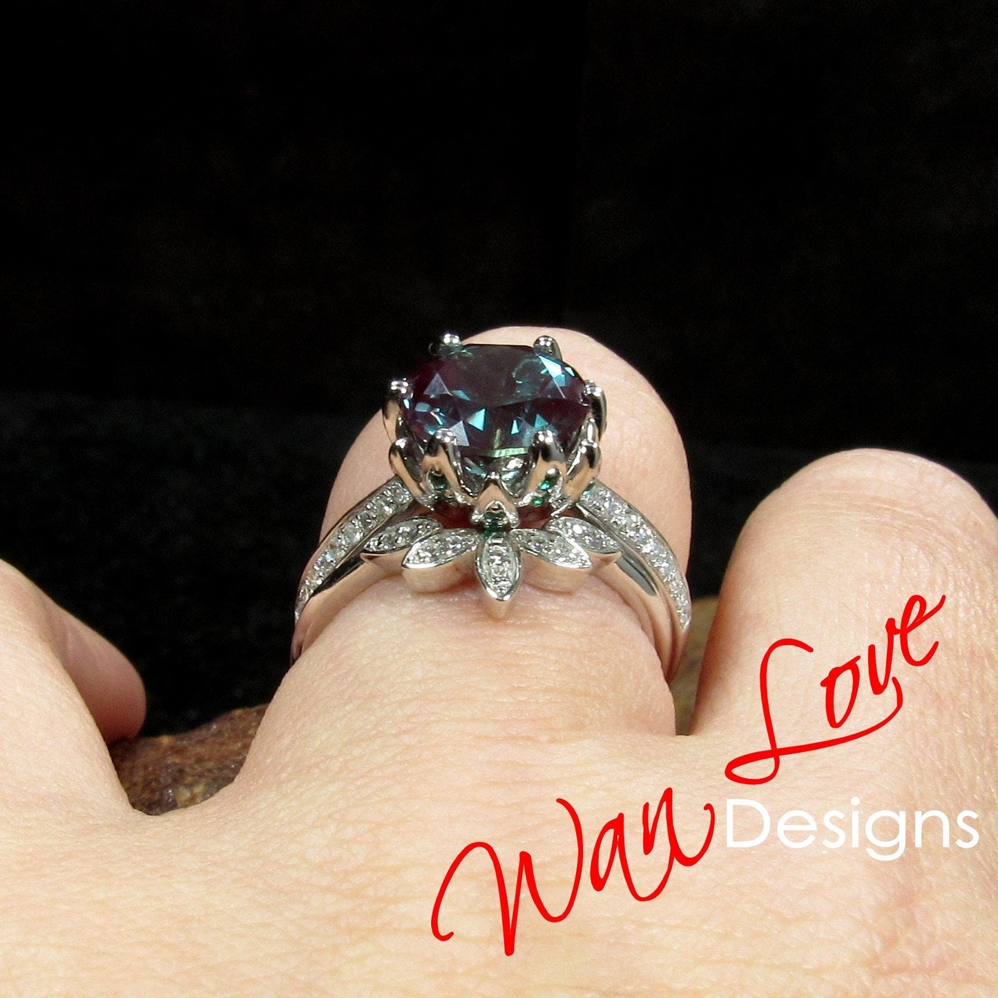 Round cut Alexandrite engagement set vintage Rose gold Lotus Flower engagement ring woman Diamond wedding set Unique Bridal Anniversary set Wan Love Designs