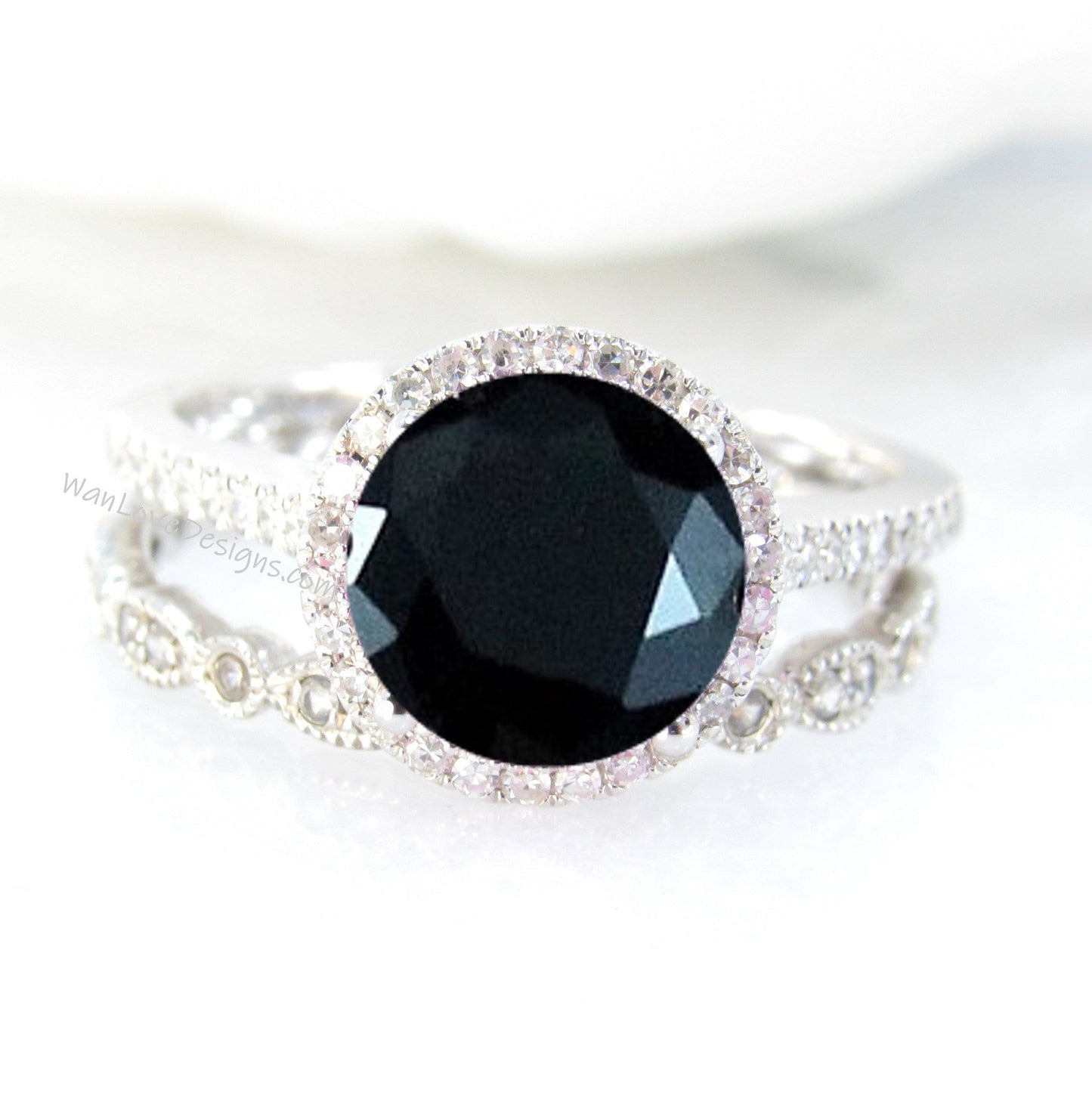 Round cut Black Spinel engagement ring set vintage white gold Halo engagement ring half eternity leaf Diamond wedding Bridal Promise gift Wan Love Designs