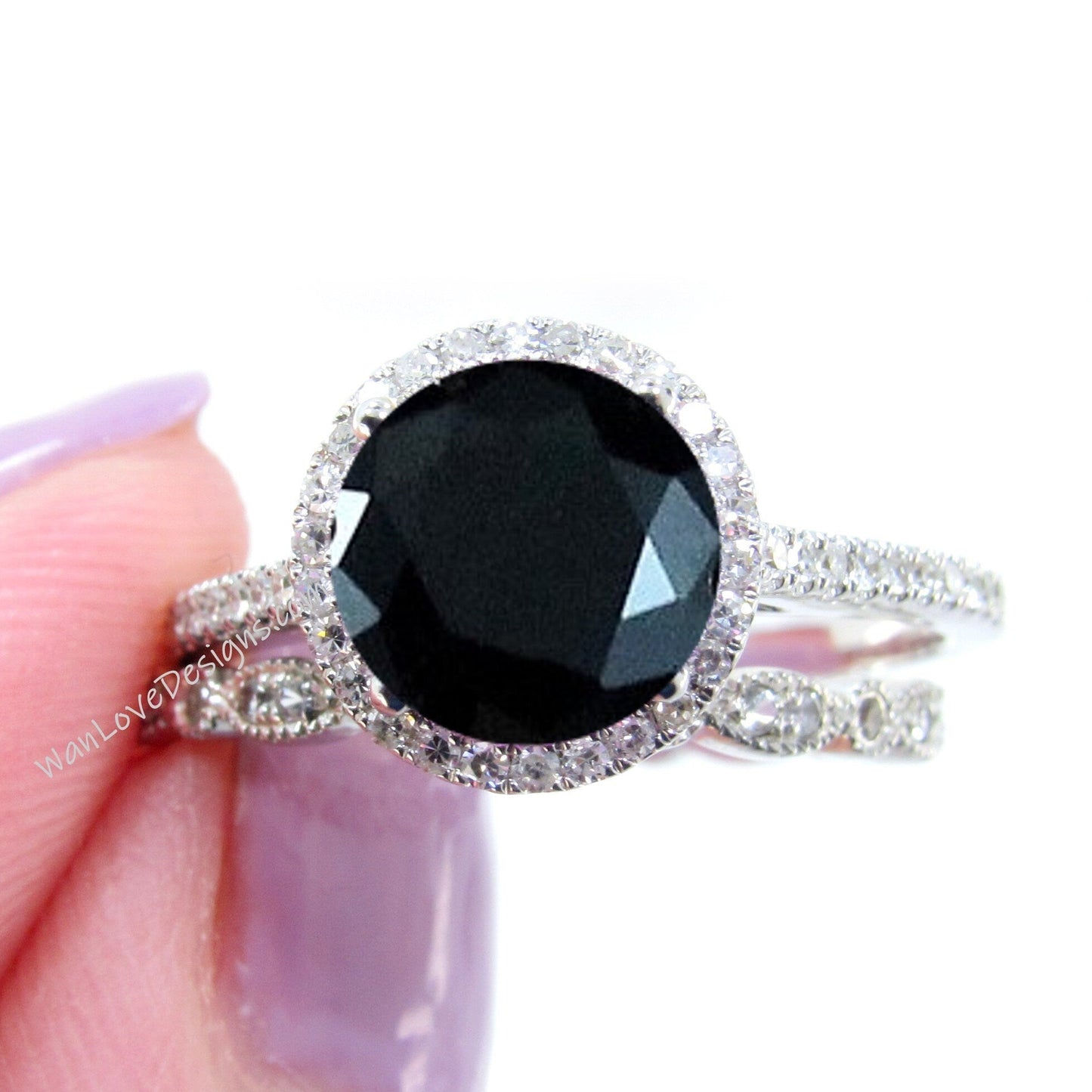 Round cut Black Spinel engagement ring set vintage white gold Halo engagement ring half eternity leaf Diamond wedding Bridal Promise gift Wan Love Designs