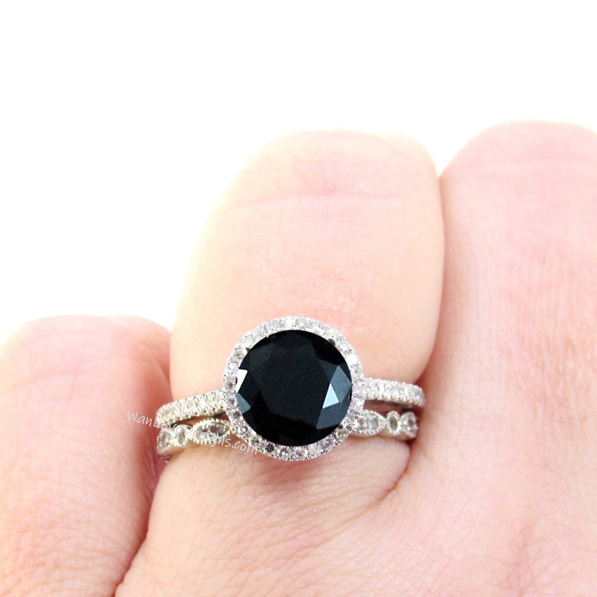 Round cut Black Spinel engagement ring set vintage white gold Halo engagement ring half eternity leaf Diamond wedding Bridal Promise gift Wan Love Designs