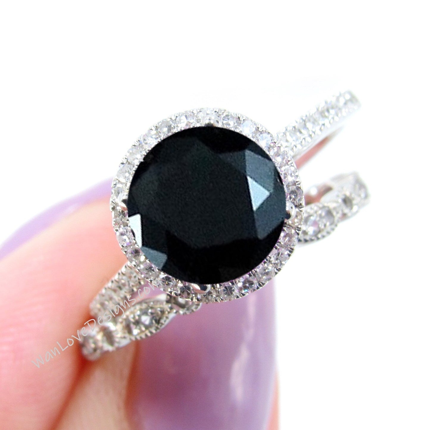 Round cut Black Spinel engagement ring set vintage white gold Halo engagement ring half eternity leaf Diamond wedding Bridal Promise gift Wan Love Designs