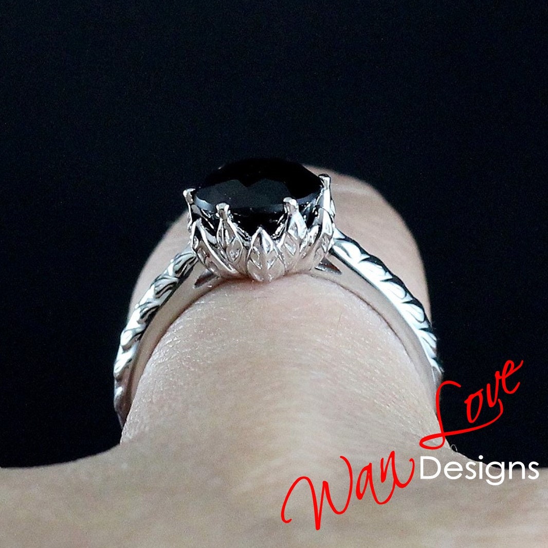 Round cut Black Spinel engagement ring vintage Lotus Flower engagement ring woman nature leaf ring Unique Bridal ring Anniversary gift Wan Love Designs