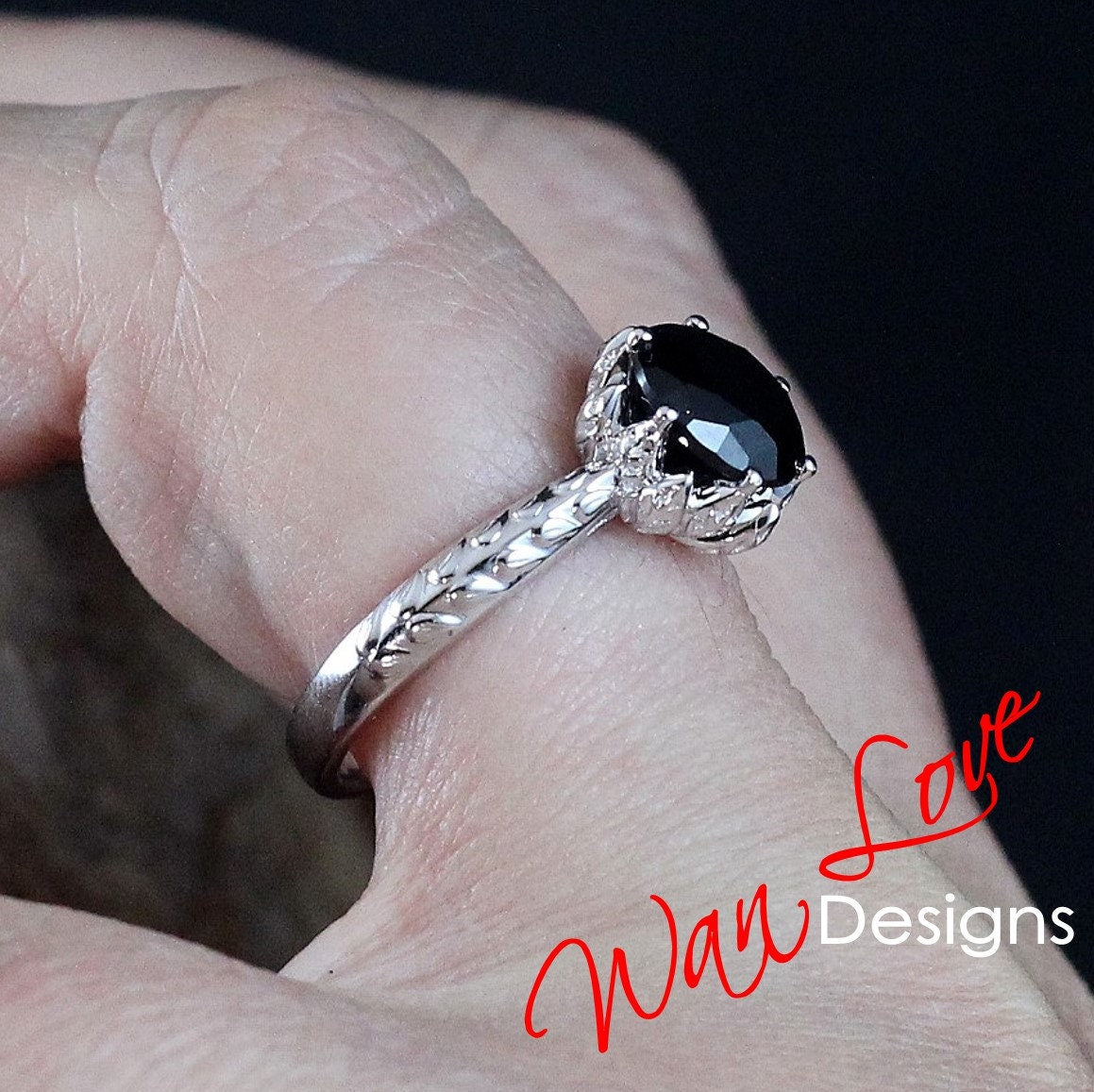 Round cut Black Spinel engagement ring vintage Lotus Flower engagement ring woman nature leaf ring Unique Bridal ring Anniversary gift Wan Love Designs