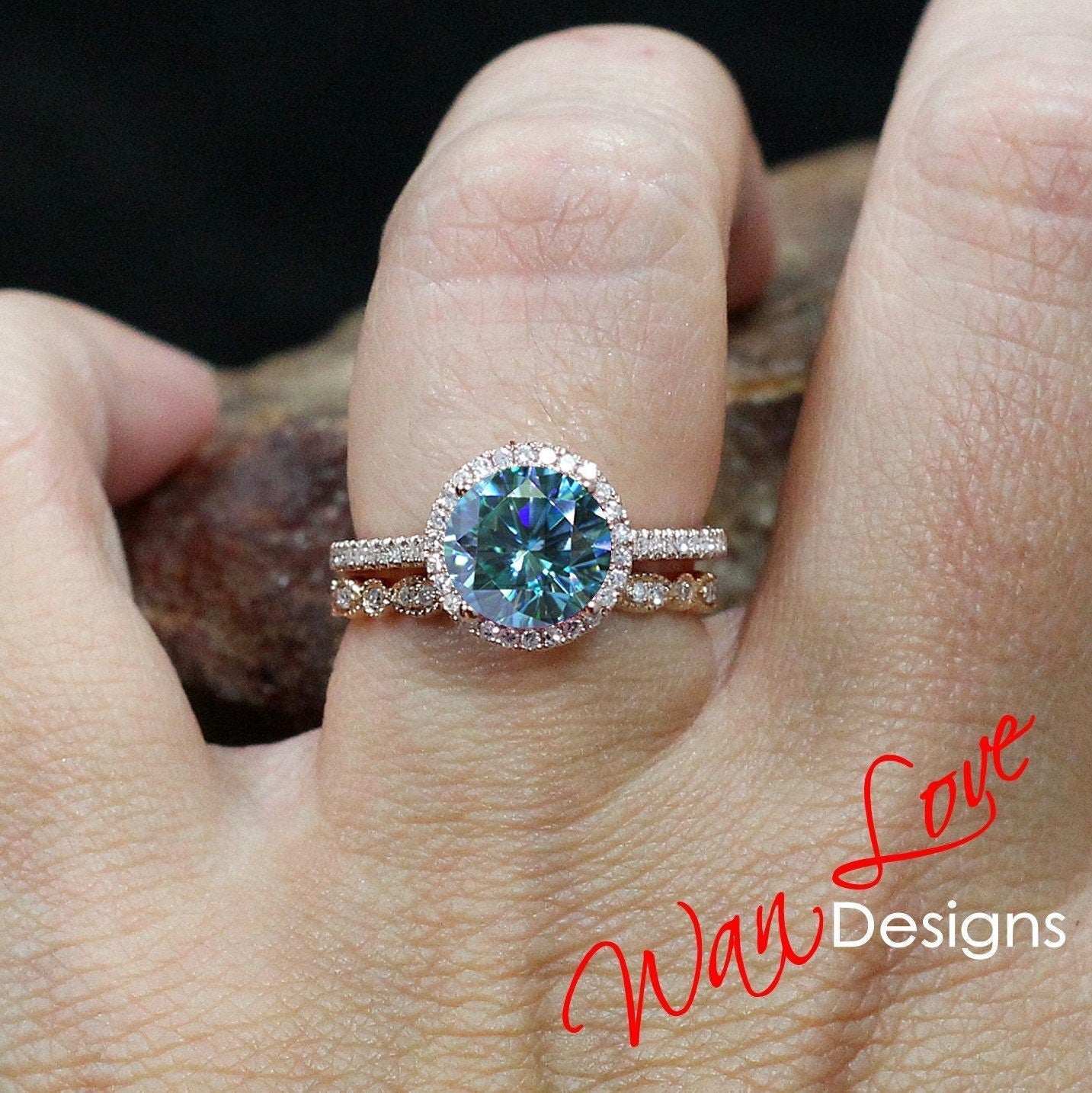 Round cut Blue Moissanite engagement ring set vintage white gold Halo engagement ring half eternity leaf Diamond wedding Bridal Promise gift Wan Love Designs