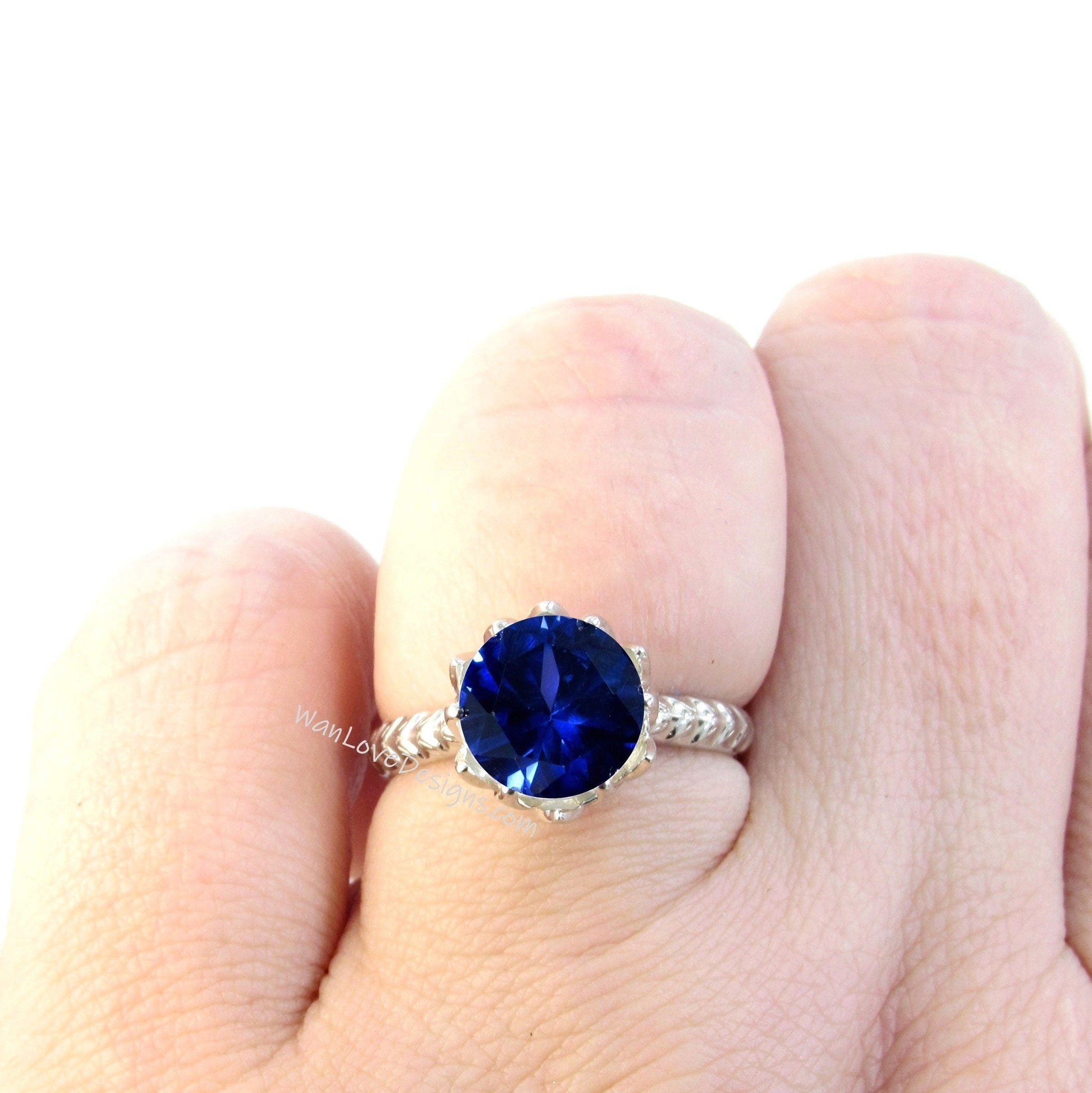 Round cut Blue Sapphire engagement ring vintage Lotus Flower engagement ring woman nature leaf ring Unique Bridal ring Anniversary gift Wan Love Designs