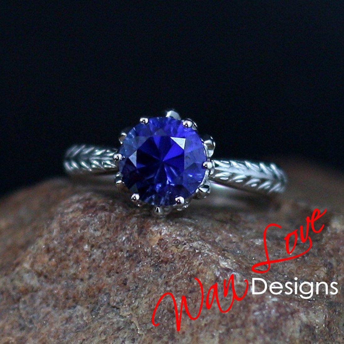 Round cut Blue Sapphire engagement ring vintage Lotus Flower engagement ring woman nature leaf ring Unique Bridal ring Anniversary gift Wan Love Designs