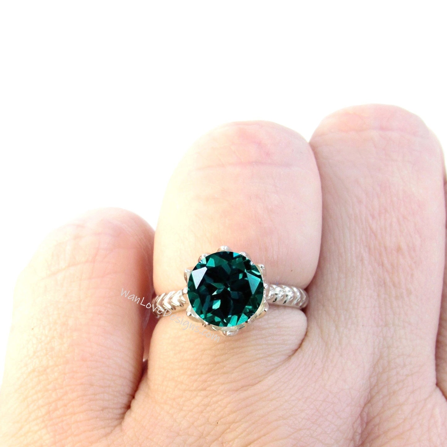 Round cut Emerald engagement ring vintage Lotus Flower engagement ring woman nature leaf ring Unique Bridal ring Anniversary gift Wan Love Designs